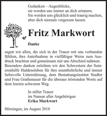 Traueranzeige von Fritz Markwort  von Magdeburger Volksstimme