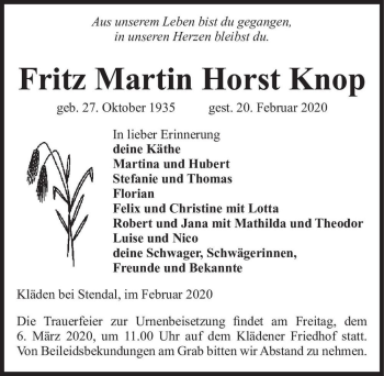 Traueranzeige von Fritz Martin Horst Knop  von Magdeburger Volksstimme