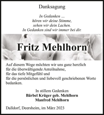 Traueranzeige von Fritz Mehlhorn  von Magdeburger Volksstimme
