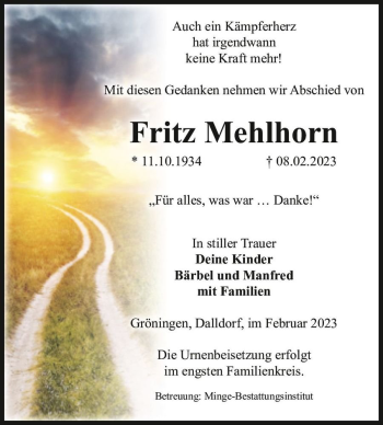 Traueranzeige von Fritz Mehlhorn  von Magdeburger Volksstimme