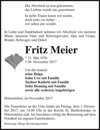 Traueranzeige von Fritz Meier  von Magdeburger Volksstimme