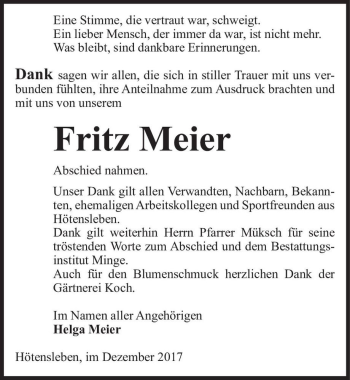 Traueranzeige von Fritz Meier  von Magdeburger Volksstimme