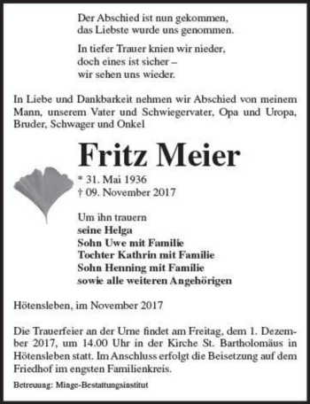 Traueranzeige von Fritz Meier  von Magdeburger Volksstimme