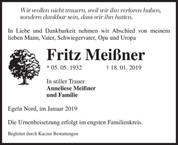 Traueranzeige von Fritz Meißner  von Magdeburger Volksstimme