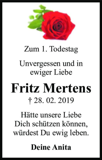 Traueranzeige von Fritz Mertens  von Magdeburger Volksstimme