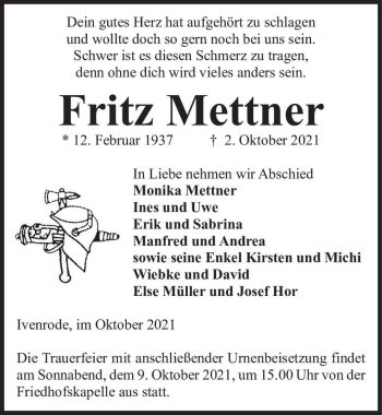Traueranzeige von Fritz Mettner  von Magdeburger Volksstimme