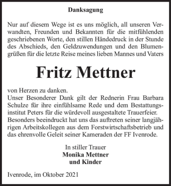Traueranzeige von Fritz Mettner  von Magdeburger Volksstimme