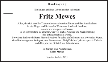 Traueranzeige von Fritz Mewes  von Magdeburger Volksstimme