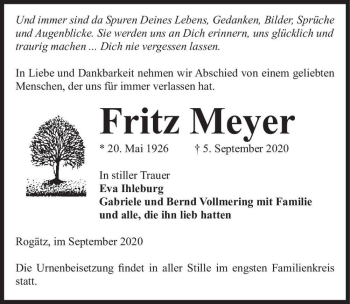 Traueranzeige von Fritz Meyer  von Magdeburger Volksstimme