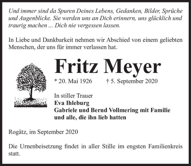  Traueranzeige für Fritz Meyer  vom 12.09.2020 aus Magdeburger Volksstimme