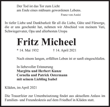 Traueranzeige von Fritz Micheel  von Magdeburger Volksstimme