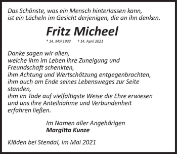 Traueranzeige von Fritz Micheel  von Magdeburger Volksstimme
