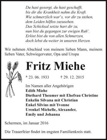 Traueranzeige von Fritz Miehe  von Magdeburger Volksstimme