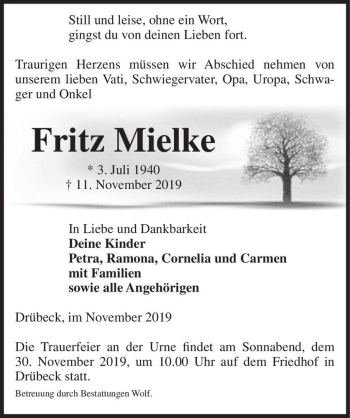 Traueranzeige von Fritz Mielke  von Magdeburger Volksstimme