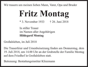 Traueranzeige von Fritz Montag  von Magdeburger Volksstimme