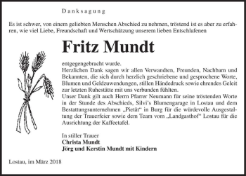 Traueranzeige von Fritz Mundt  von Magdeburger Volksstimme