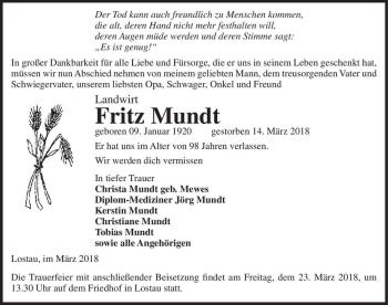 Traueranzeige von Fritz Mundt  von Magdeburger Volksstimme