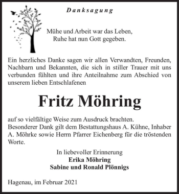 Traueranzeige von Fritz Möhring  von Magdeburger Volksstimme