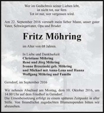 Traueranzeige von Fritz Möhring  von Magdeburger Volksstimme