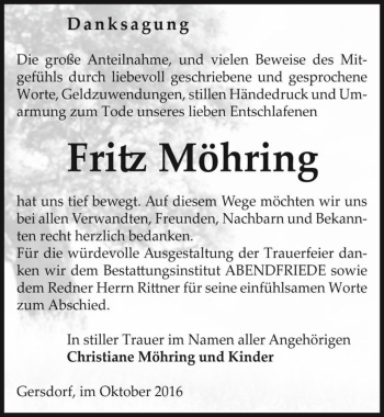 Traueranzeige von Fritz Möhring  von Magdeburger Volksstimme