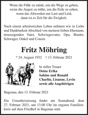 Traueranzeige von Fritz Möhring  von Magdeburger Volksstimme