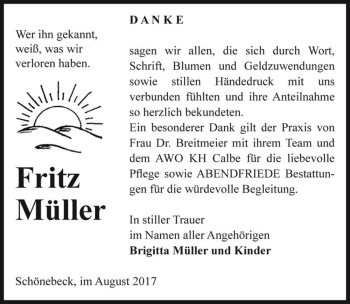 Traueranzeige von Fritz Müller  von Magdeburger Volksstimme