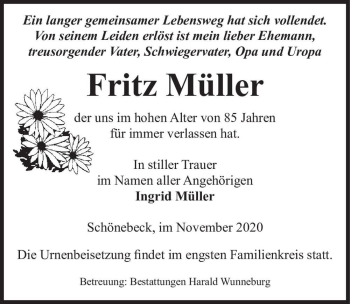 Traueranzeige von Fritz Müller  von Magdeburger Volksstimme