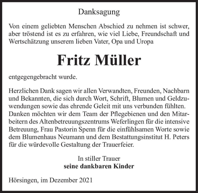  Traueranzeige für Fritz Müller  vom 23.12.2021 aus Magdeburger Volksstimme