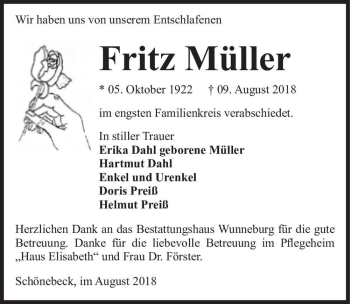 Traueranzeige von Fritz Müller  von Magdeburger Volksstimme