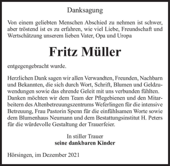 Traueranzeige von Fritz Müller  von Magdeburger Volksstimme