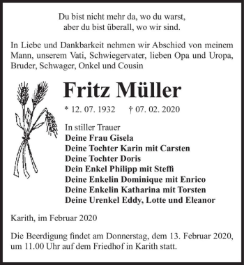 Traueranzeige von Fritz Müller  von Magdeburger Volksstimme