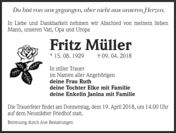 Traueranzeige von Fritz Müller  von Magdeburger Volksstimme