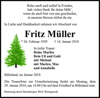 Traueranzeige von Fritz Müller  von Magdeburger Volksstimme