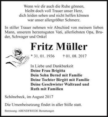 Traueranzeige von Fritz Müller  von Magdeburger Volksstimme