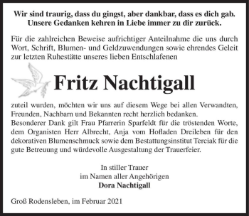 Traueranzeige von Fritz Nachtigall  von Magdeburger Volksstimme