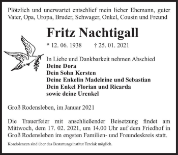 Traueranzeige von Fritz Nachtigall  von Magdeburger Volksstimme