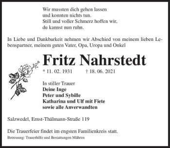 Traueranzeige von Fritz Nahrstedt  von Magdeburger Volksstimme