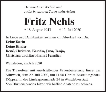 Traueranzeige von Fritz Nehls  von Magdeburger Volksstimme