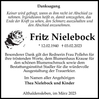 Traueranzeige von Fritz Nielebock  von Magdeburger Volksstimme