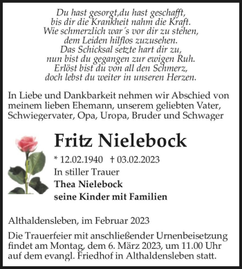 Traueranzeige von Fritz Nielebock  von Magdeburger Volksstimme