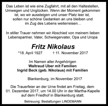 Traueranzeige von Fritz Nikolaus  von Magdeburger Volksstimme