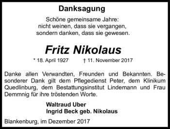Traueranzeige von Fritz Nikolaus  von Magdeburger Volksstimme