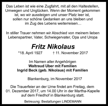Traueranzeige von Fritz Nikolaus  von Magdeburger Volksstimme