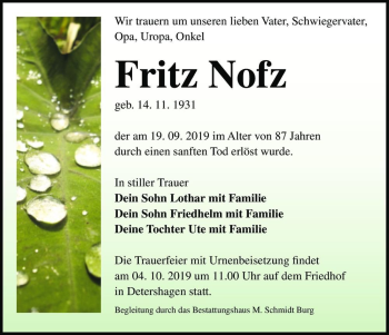 Traueranzeige von Fritz Nofz  von Magdeburger Volksstimme