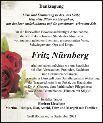 Traueranzeige von Fritz Nürnberg  von Magdeburger Volksstimme