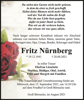 Traueranzeige von Fritz Nürnberg  von Magdeburger Volksstimme