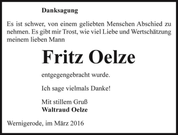 Traueranzeige von Fritz Oelze  von Magdeburger Volksstimme