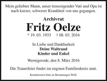 Traueranzeige von Fritz Oelze  von Magdeburger Volksstimme