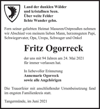 Traueranzeige von Fritz Ogorreck  von Magdeburger Volksstimme