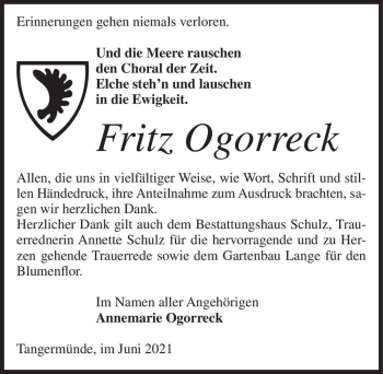 Traueranzeige von Fritz Ogorreck  von Magdeburger Volksstimme
